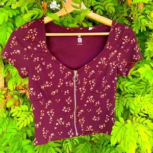 Maroon crop top zip cardi yellow floral print - 3